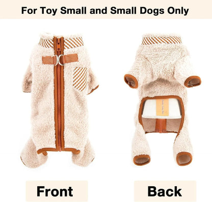 Green plush fleece dog jumpsuit on a small dog, showing the four-leg design and back zipper with D-ring.