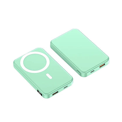 Ultra-thin black magnetic wireless power bank with 10000mAh capacity next to an iPhone.