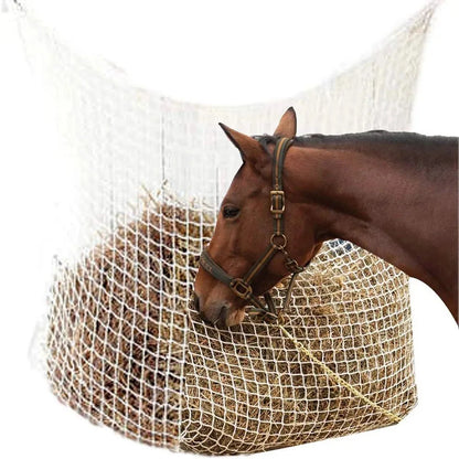 Black woven grid hanging feeding bag for horses, showing size and rope construction.