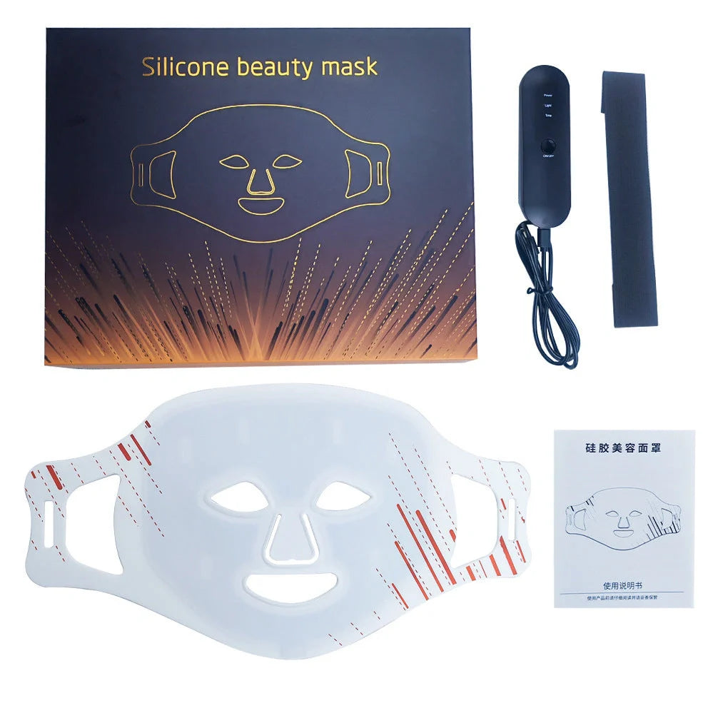 White silicone LED beauty mask with photon therapy technology for facial skin rejuvenation treatment