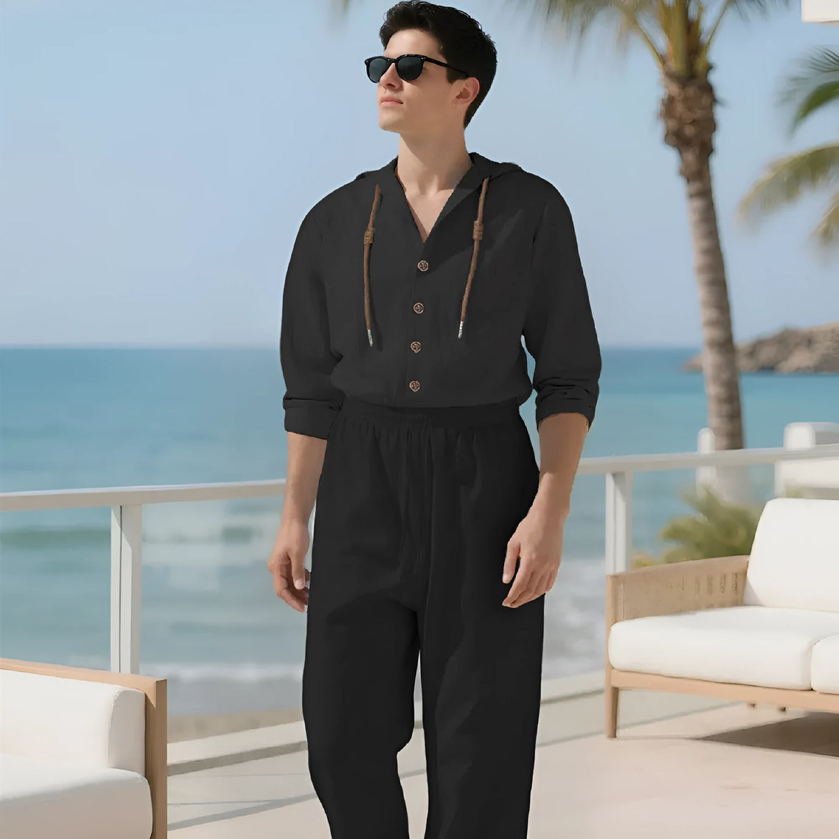 Men's white cotton sports leisure suit with long sleeves and matching trousers shown as complete two-piece set