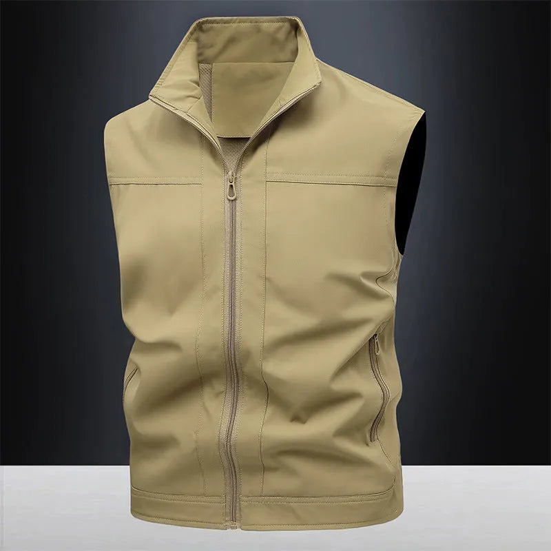 Men's stand-up collar casual shirt in army green colour with loose fit styling for workwear and leisure