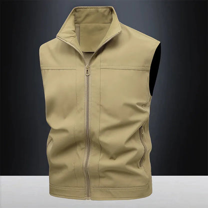 Men's stand-up collar casual shirt in army green colour with loose fit styling for workwear and leisure