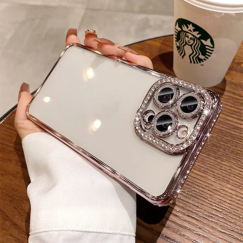 Rhinestone glitter TPU phone case with lens protector, compatible with iPhone 11 to 15 Pro Max, available in black, dark purple, gold, pink, silver and blue.