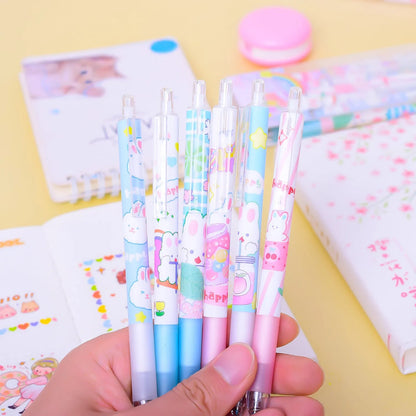 Six cartoon bunny design ballpoint pens with black ink and 0.5mm tips in packaging