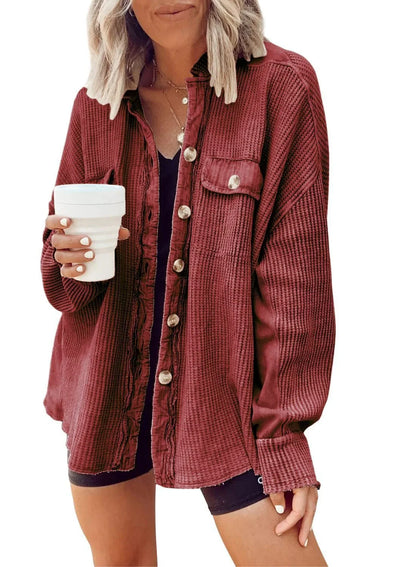Women's lapel long sleeve button shirt jacket in various colours