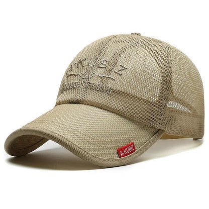 Men's adjustable cotton mesh baseball cap in khaki colour for summer sun protection