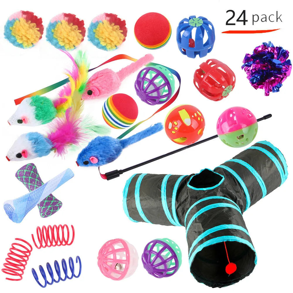 Plastic cat toy set with coloured tunnel channels and a ball for interactive indoor play.