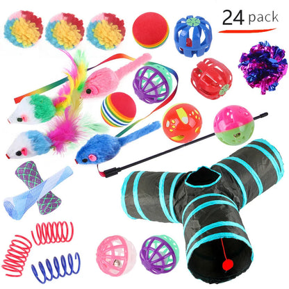 Plastic cat toy set with coloured tunnel channels and a ball for interactive indoor play.