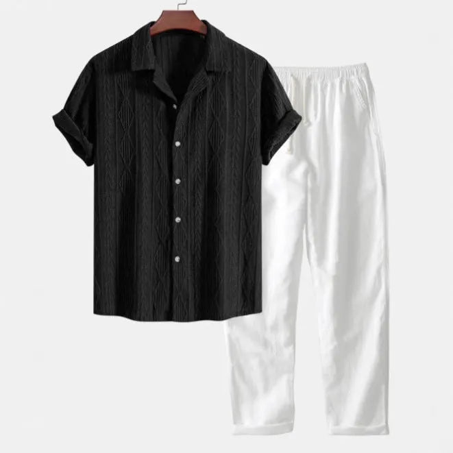 Men's camouflage print linen short-sleeved shirt and trousers set with cardigan lapel in slim-fit style