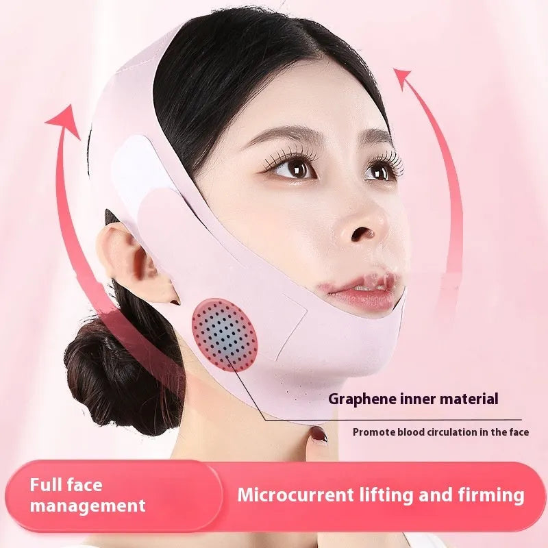 Small V face shaping mask face lifting and tightening anti-sagging bandage for exercise and weight loss support in green or purple colour made from light and breathable fabric