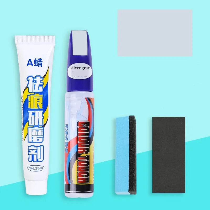 Automotive paint repair pen kit with touch-up fluid, wax, sponge, and sandpaper for car scratch repair