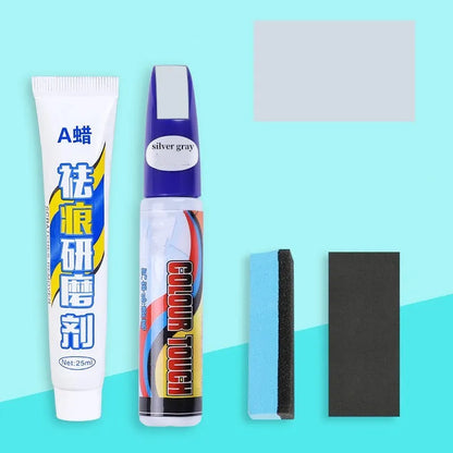 Automotive paint repair pen kit with touch-up fluid, wax, sponge, and sandpaper for car scratch repair