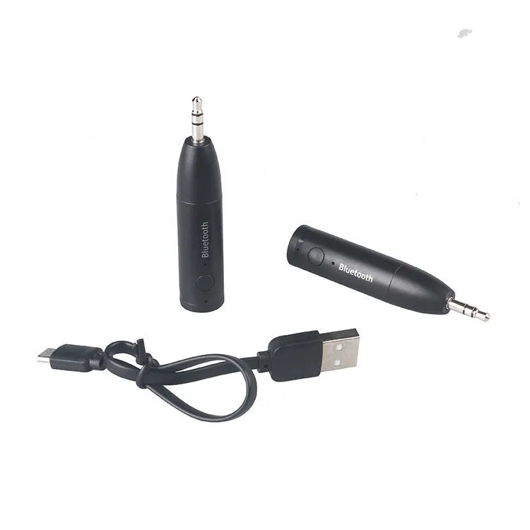 Black Bluetooth audio receiver with 3.5mm AUX jack for connecting to car stereos