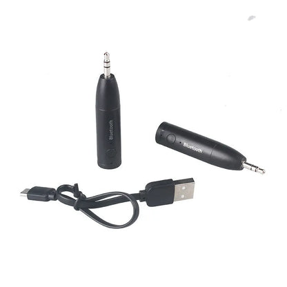Black Bluetooth audio receiver with 3.5mm AUX jack for connecting to car stereos
