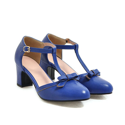 Women's apricot chunky heel sandals with bow tie, hollow-out detail, and an adjustable buckle strap.