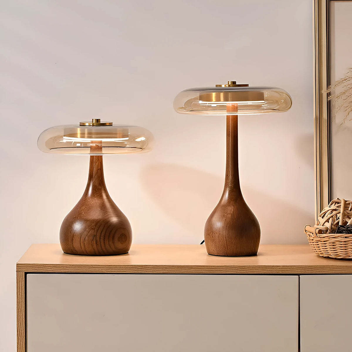 Solid wood Japanese retro style bedside lamp with a cognac-coloured hood on an ash wood base.