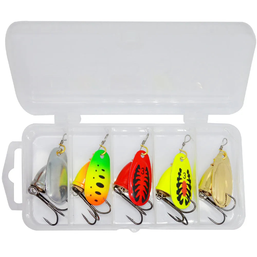 R composite rotating sequins copper bell fishing lure in seven colours showing 3# size and metal construction