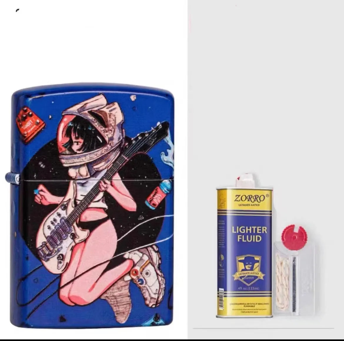 Windproof kerosene lighter with grinding wheel, pure copper case, shown with artistic design options.
