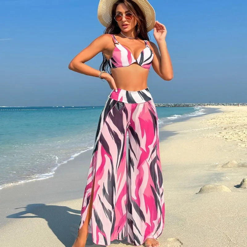 Women's three-piece polyester bikini set in quick-drying fabric with high elasticity