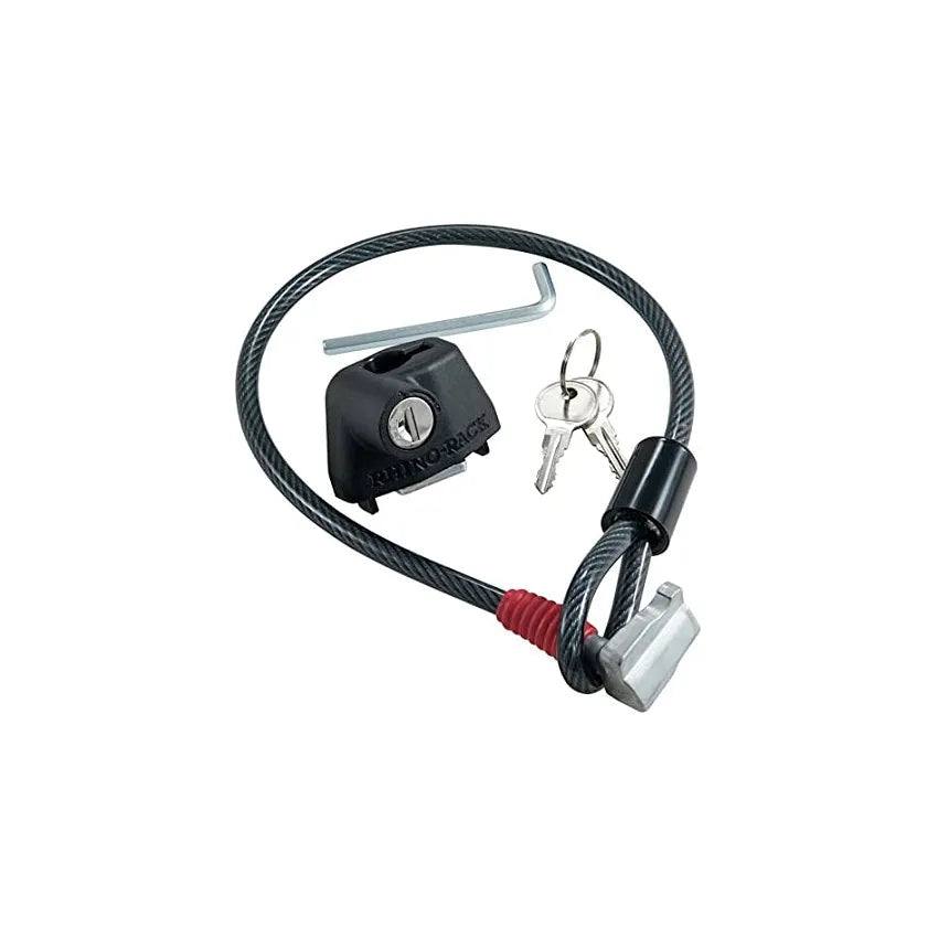 Steel cable lock with plastic sheath for securing equipment to a vehicle roof platform.