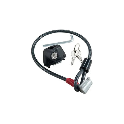 Steel cable lock with plastic sheath for securing equipment to a vehicle roof platform.
