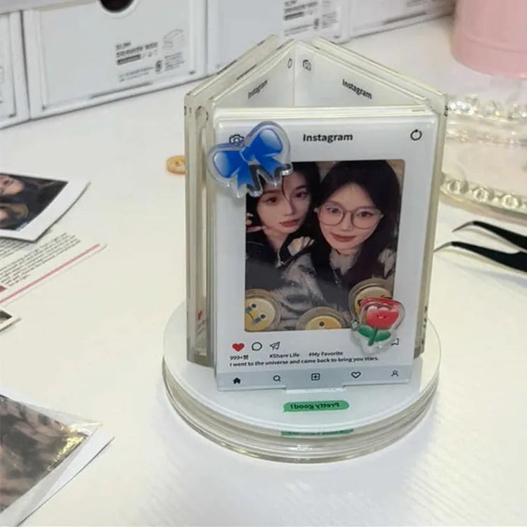 Rotating acrylic photo frame for 3-inch 55 x 86 mm photo on a desktop stand