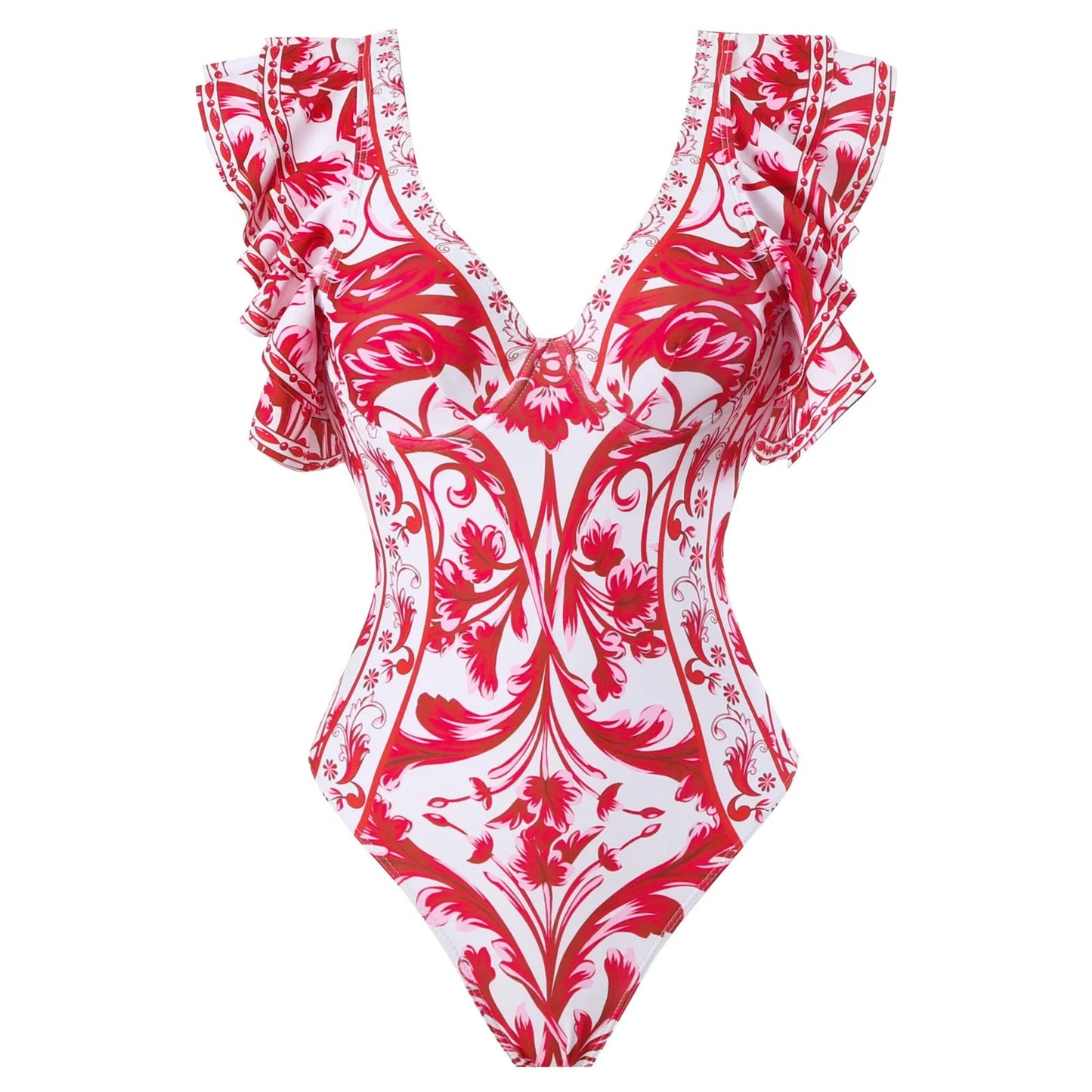 Women's printed one-piece swimsuit in rose pink on a mannequin.