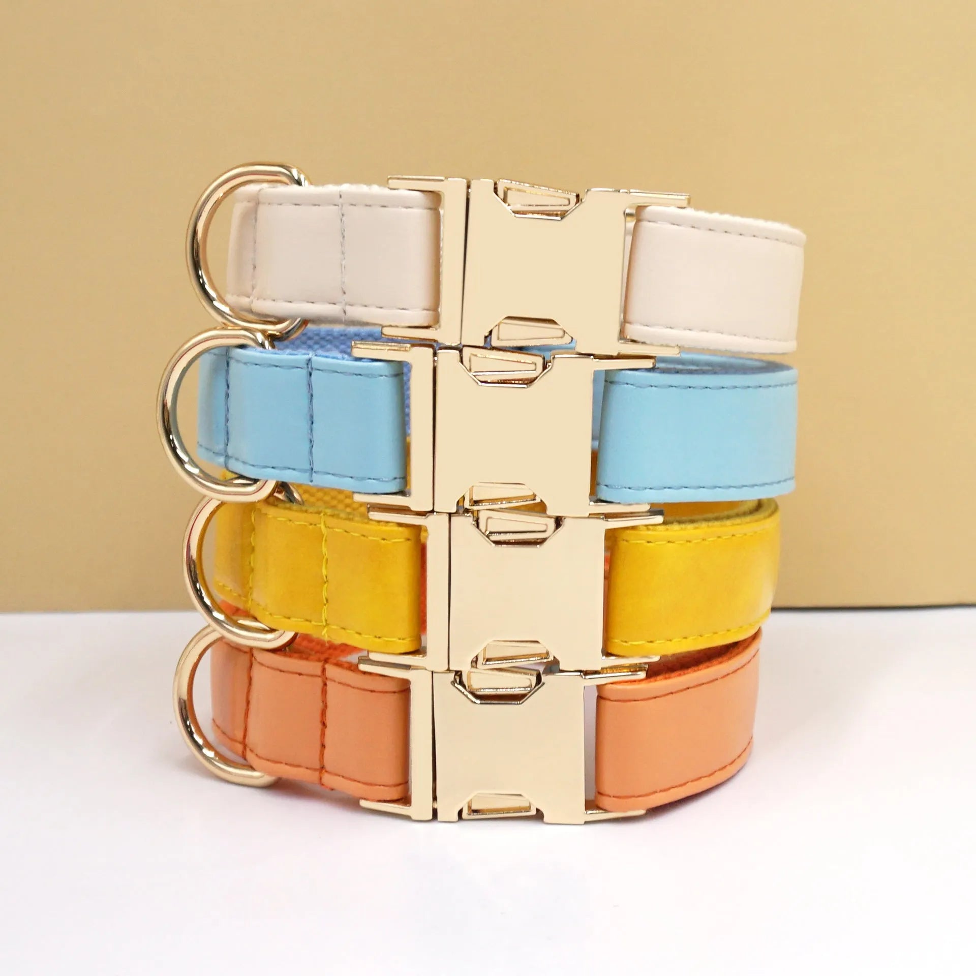 Simple colour-block velvet detail on a leather dog collar shown in caramel colour.