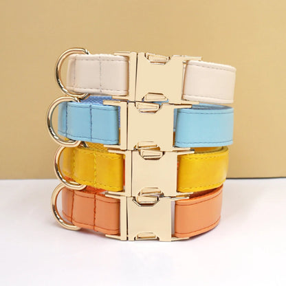 Simple colour-block velvet detail on a leather dog collar shown in caramel colour.