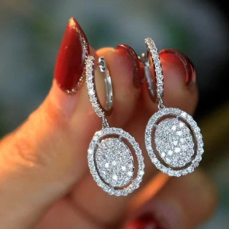 Elegant white gold plated oval earrings for women, geometric design, European and American style