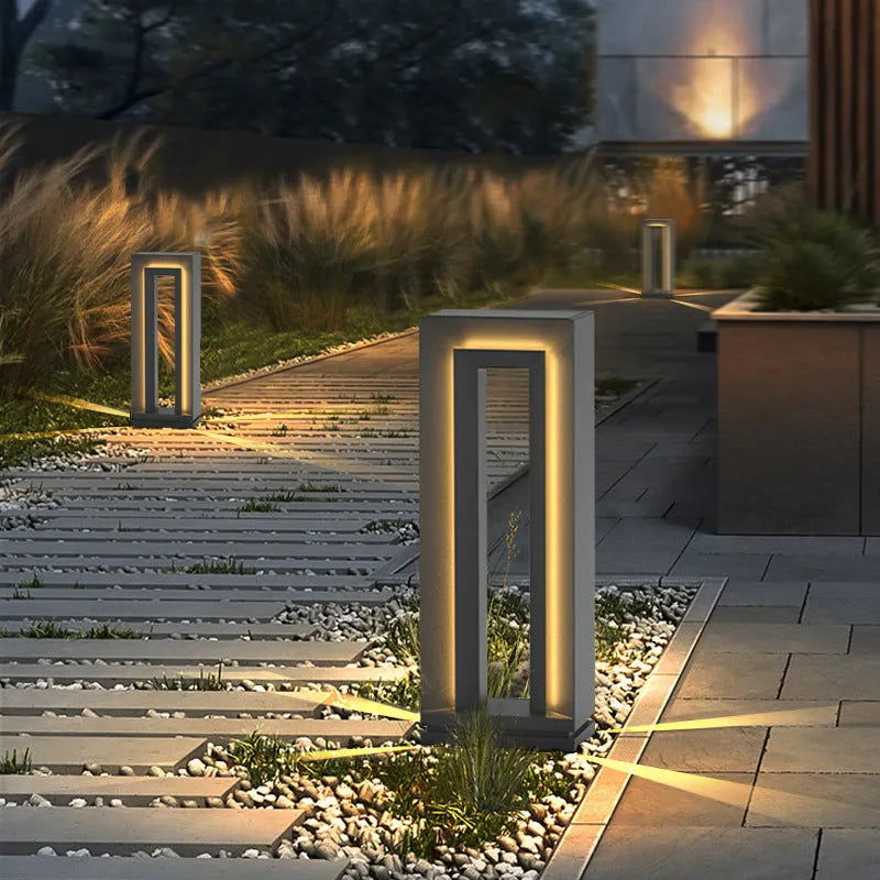 Square geometric garden lamp with abstract design in stainless steel acrylic, 62cm tall