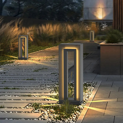 Square geometric garden lamp with abstract design in stainless steel acrylic, 62cm tall