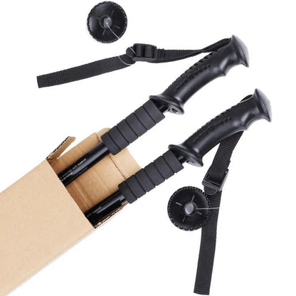 Aluminium alloy telescopic trekking pole extended with three straight handles and accessory attachments