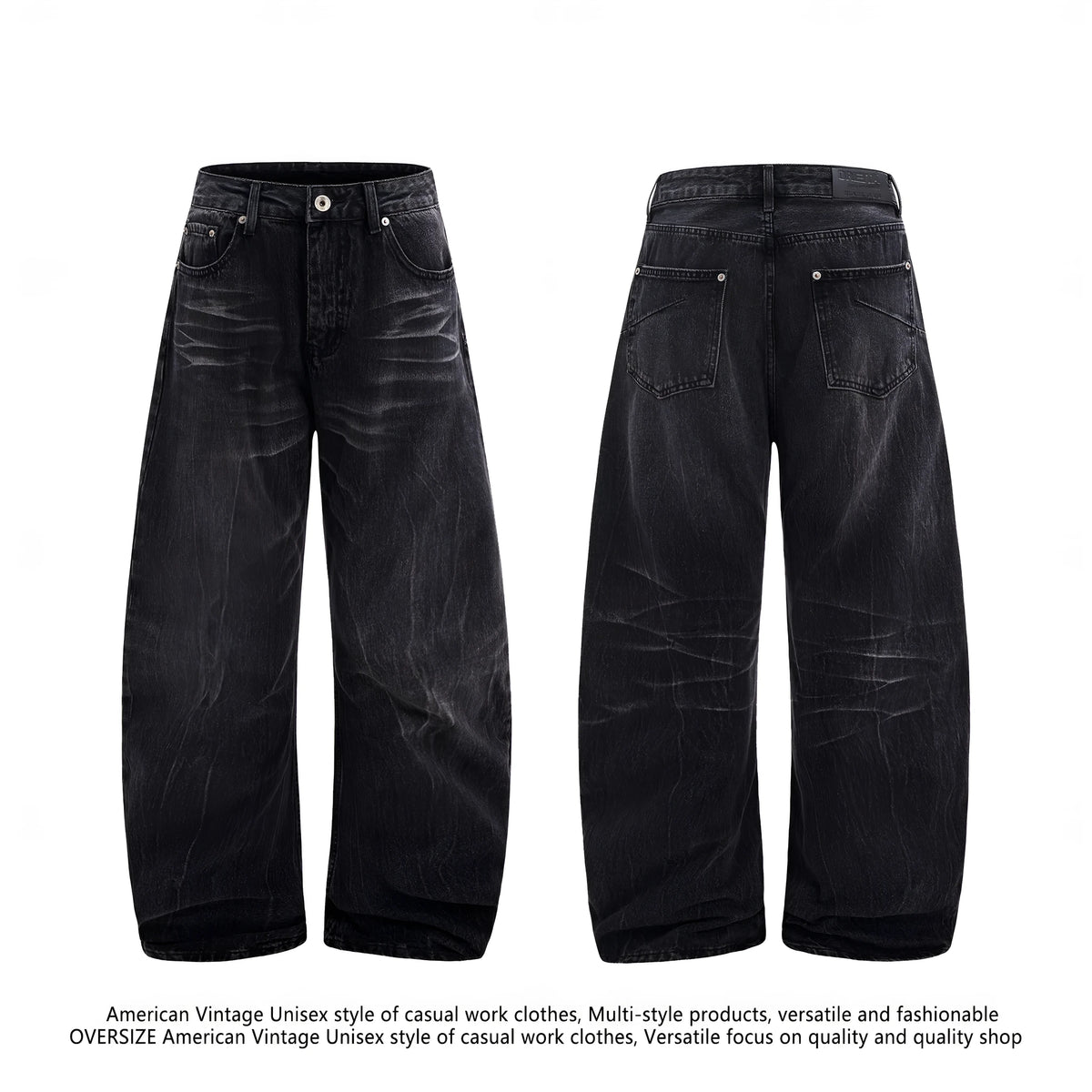 Men's black straight-leg jeans featuring a distinctive lightning crack washed pattern on the denim.