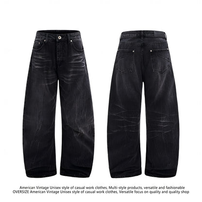 Men's black straight-leg jeans featuring a distinctive lightning crack washed pattern on the denim.