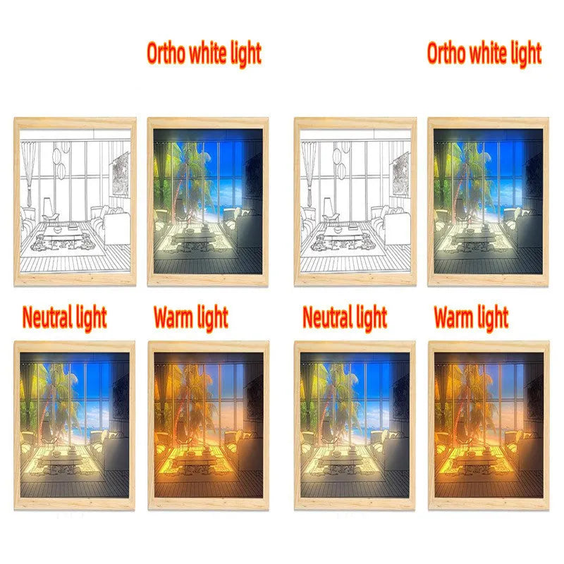 Illuminated acrylic LED decorative light painting showing a sunshine scene, with USB cable and button switch.