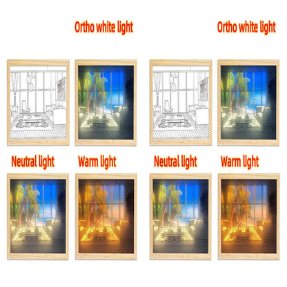 Illuminated acrylic LED decorative light painting showing a sunshine scene, with USB cable and button switch.