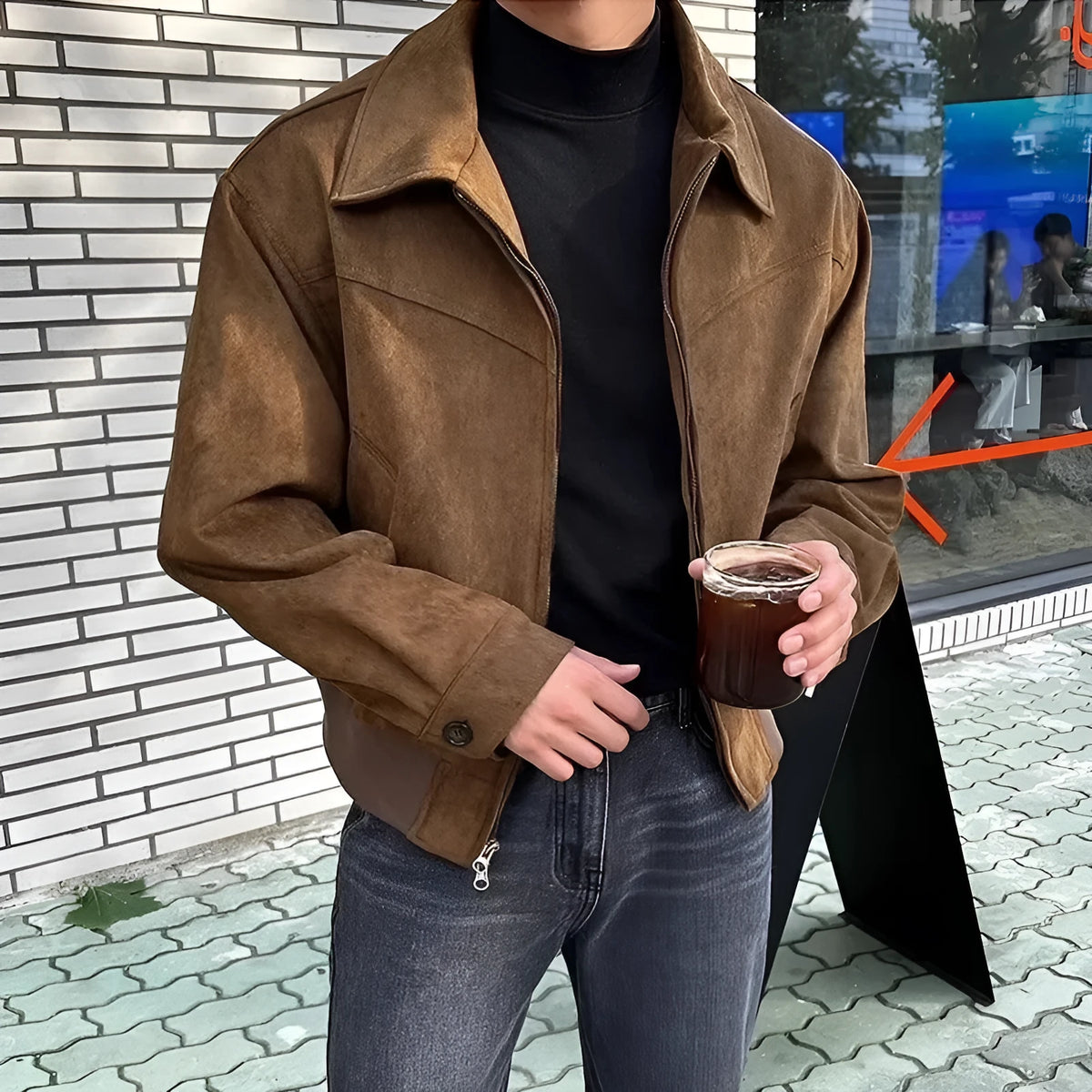 Loose lapel short suede jacket in brown or black, Hong Kong style, unhooded, sizes M to 2XL