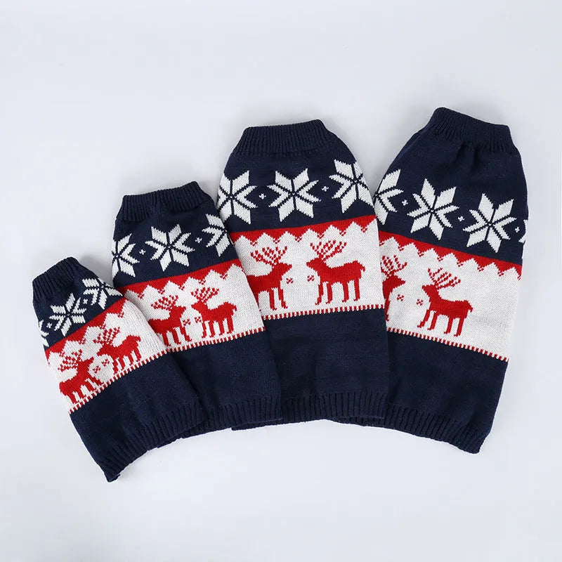 Navy blue knitted Christmas sweater for dogs in traditional European American style