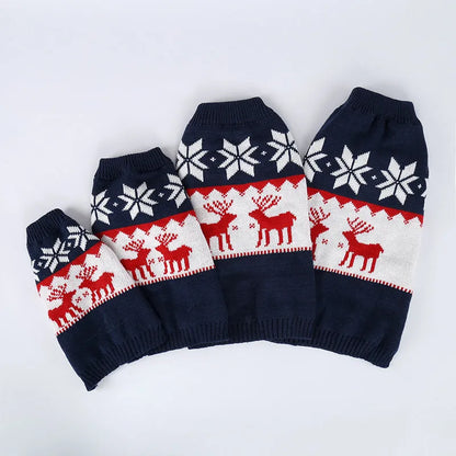 Navy blue knitted Christmas sweater for dogs in traditional European American style