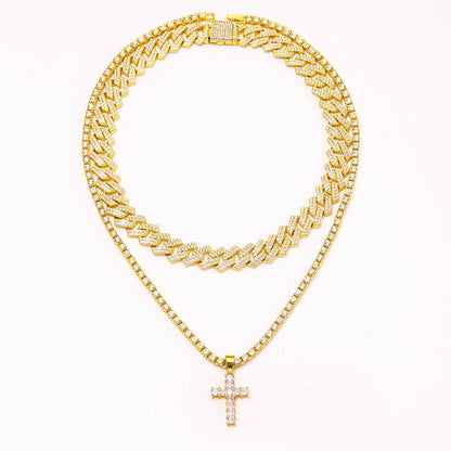 Zircon Cross Pendant Necklace with Cuban Chain in gold and silver options