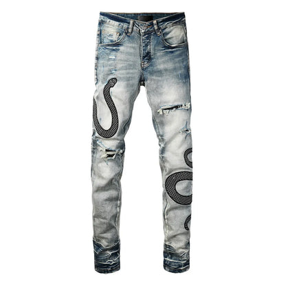 Blue distressed skinny jeans with street fashion wash and mid waist design