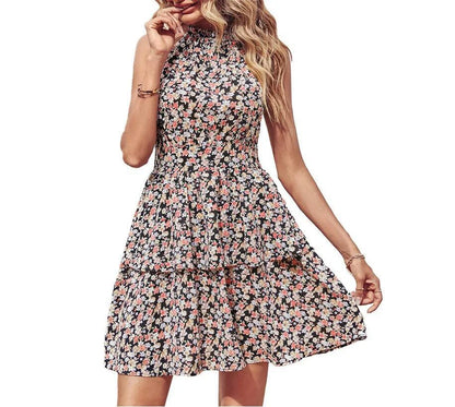Chic backless halter dress with ruffled A-line skirt in various vibrant colors