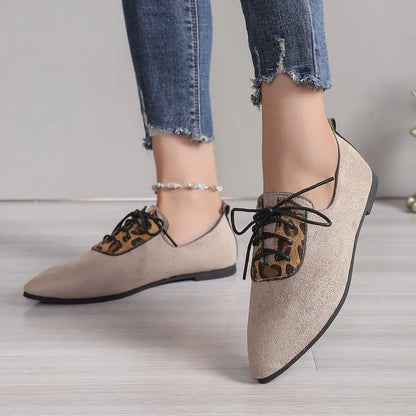 Beige leopard print women's pumps with pointed toe design for plus sizes