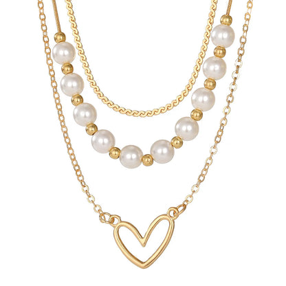 Vintage love heart pearl gold necklace with adjustable chain and electroplated pendant