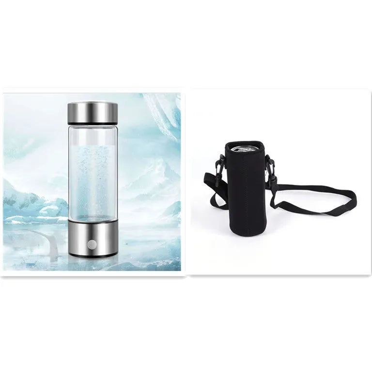 Portable hydrogen water bottle with glass chamber and stainless steel components showing electrolysis bubbles