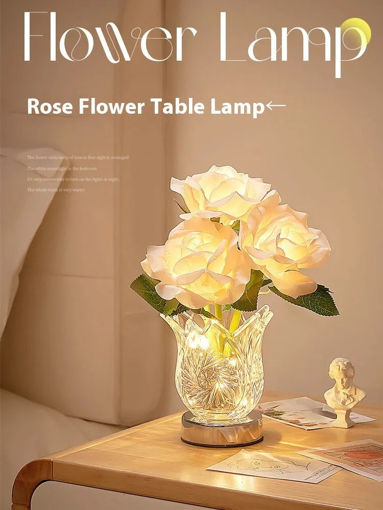Modern crystal flowers design rechargeable touch dimming table lamp on a wooden surface.