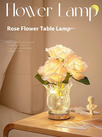 Modern crystal flowers design rechargeable touch dimming table lamp on a wooden surface.