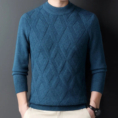 Men's thick winter pullover sweater with diamond jacquard pattern in a light camel colour.
